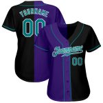 Personalized Baseball Jersey in Black Teal-Purple Split Design - Custom Fashion Sportswear Personalized Black Teal-Purple