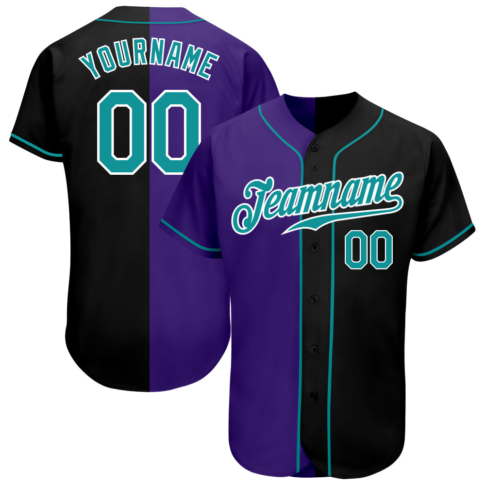 Personalized Baseball Jersey in Black Teal-Purple Split Design - Custom Fashion Sportswear Personalized Black Teal-Purple