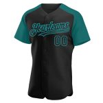 Personalized Black Teal Baseball Jersey with Raglan Sleeves for Men and Women Personalized Black Teal Raglan Sleeves Baseball