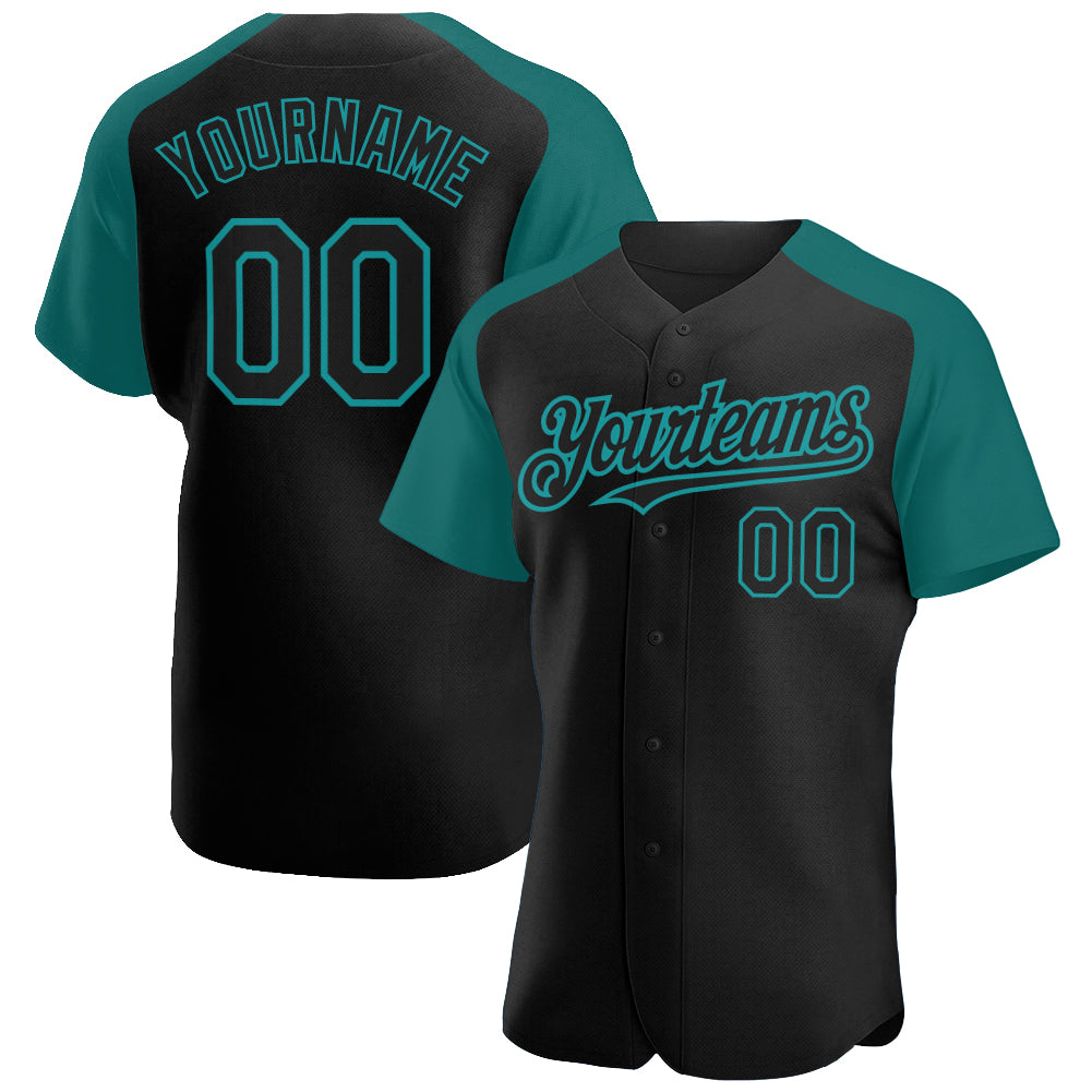 Personalized Black Teal Baseball Jersey with Raglan Sleeves for Men and Women Personalized Black Teal Raglan Sleeves Baseball