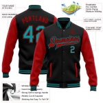 Custom Two Tone Bomber Jacket Black Teal Red Full-Snap Varsity Letterman Personalized Black Teal-Red Bomber Full-Snap Varsity