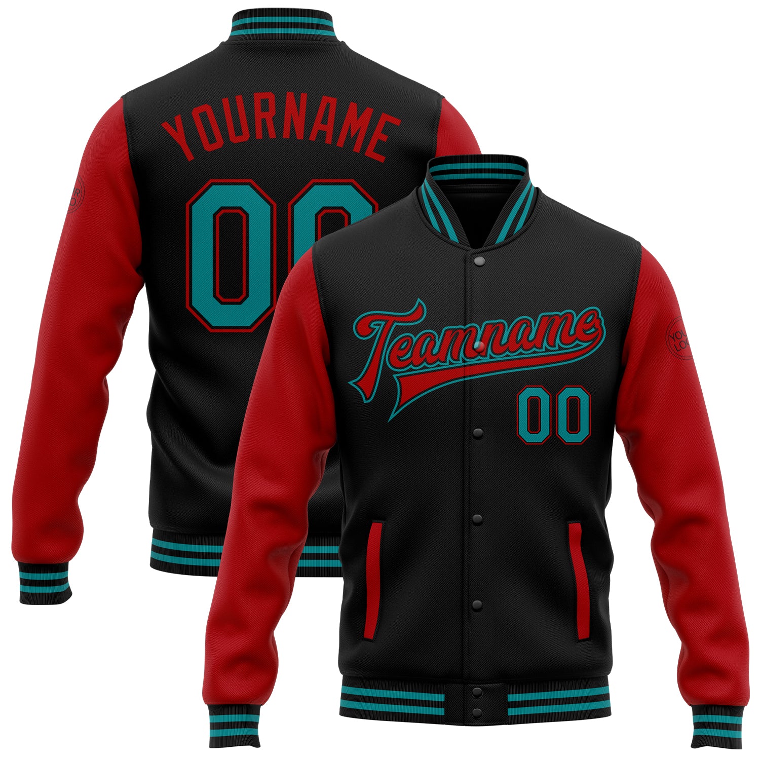 Custom Team Name Number Jacket - Personalized Black Teal-Red Two Tone Bomber Varsity Letterman Full-Snap Personalized Black