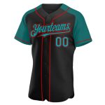 Personalized Black Teal Red Baseball Jersey for Adults - Raglan Sleeve Design Personalized Black Teal-Red Raglan Sleeves