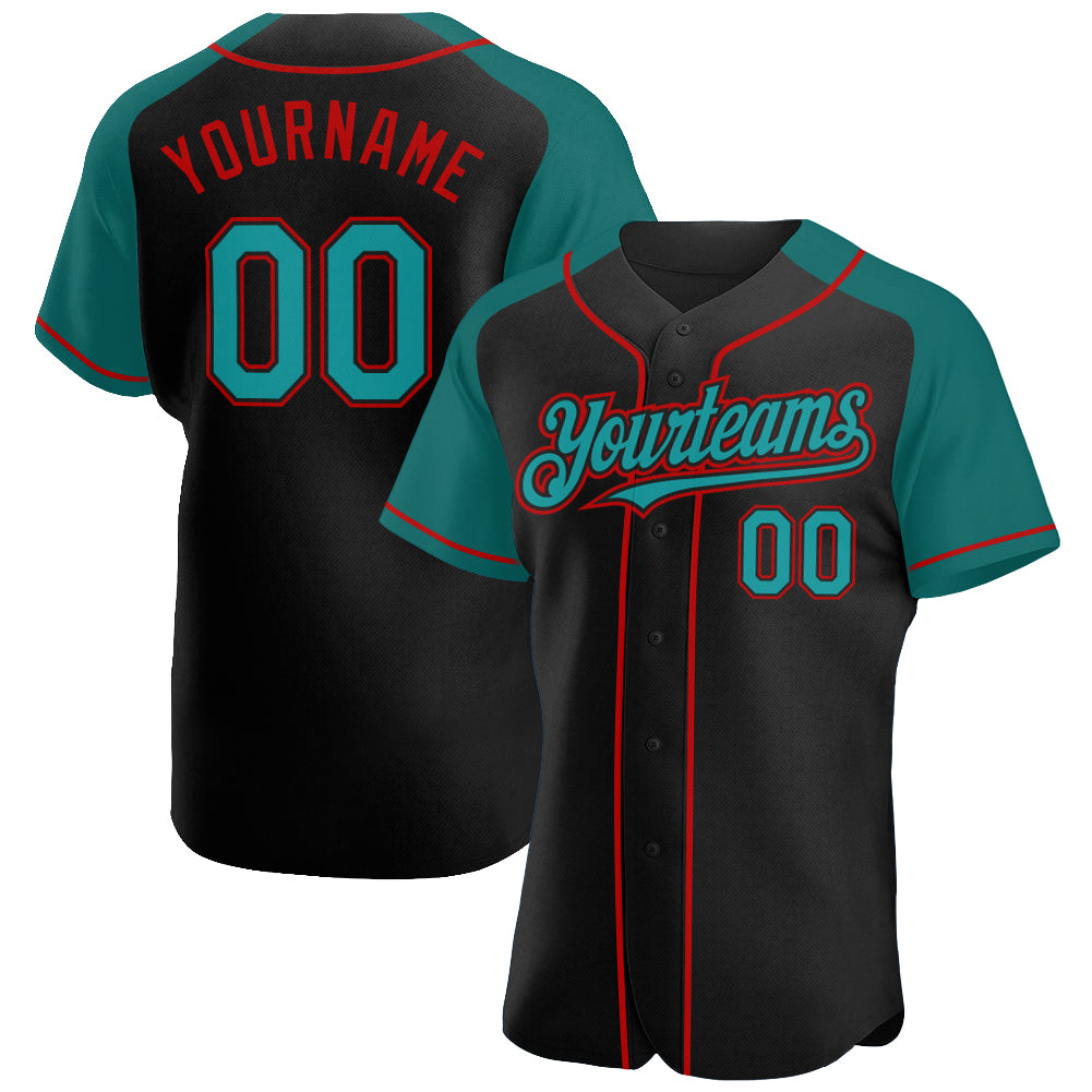 Personalized Black Teal Red Baseball Jersey for Adults - Raglan Sleeve Design Personalized Black Teal-Red Raglan Sleeves