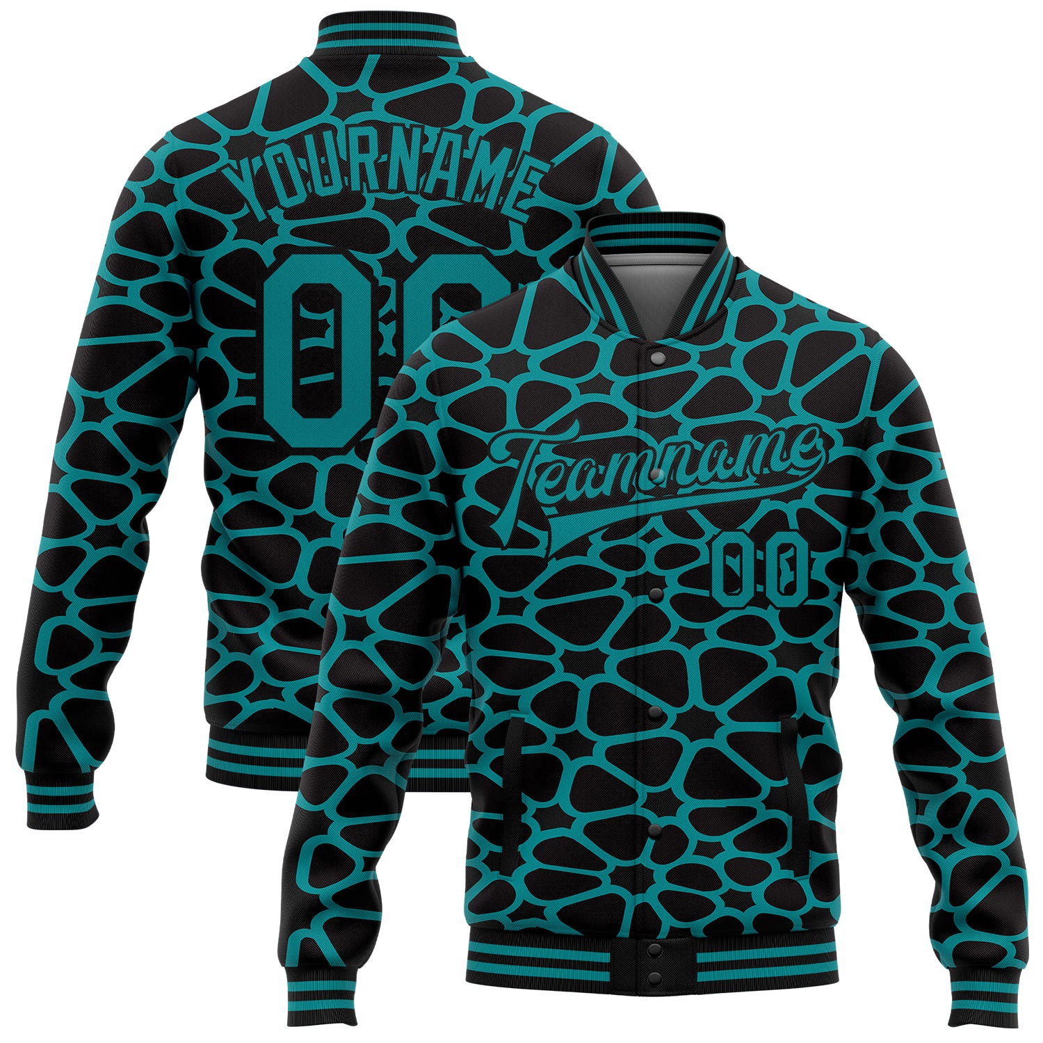 Personalized Black and Teal 3D Spotted Varsity Letterman Bomber Jacket Personalized Black Teal Spotted 3D Bomber Full-Snap