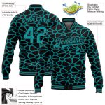 Custom Varsity Letterman Jacket with Personalized Name and Number, Black Teal Spotted 3D Pattern Design, Full-Snap Bomber Style