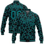 Custom Varsity Letterman Jacket with Personalized Name and Number, Black Teal Spotted 3D Pattern Design, Full-Snap Bomber Style