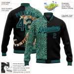 Personalized Tiger Leopard Print 3D Bomber Varsity Letterman Jacket - Black Teal Full-Snap Style Personalized Black Teal