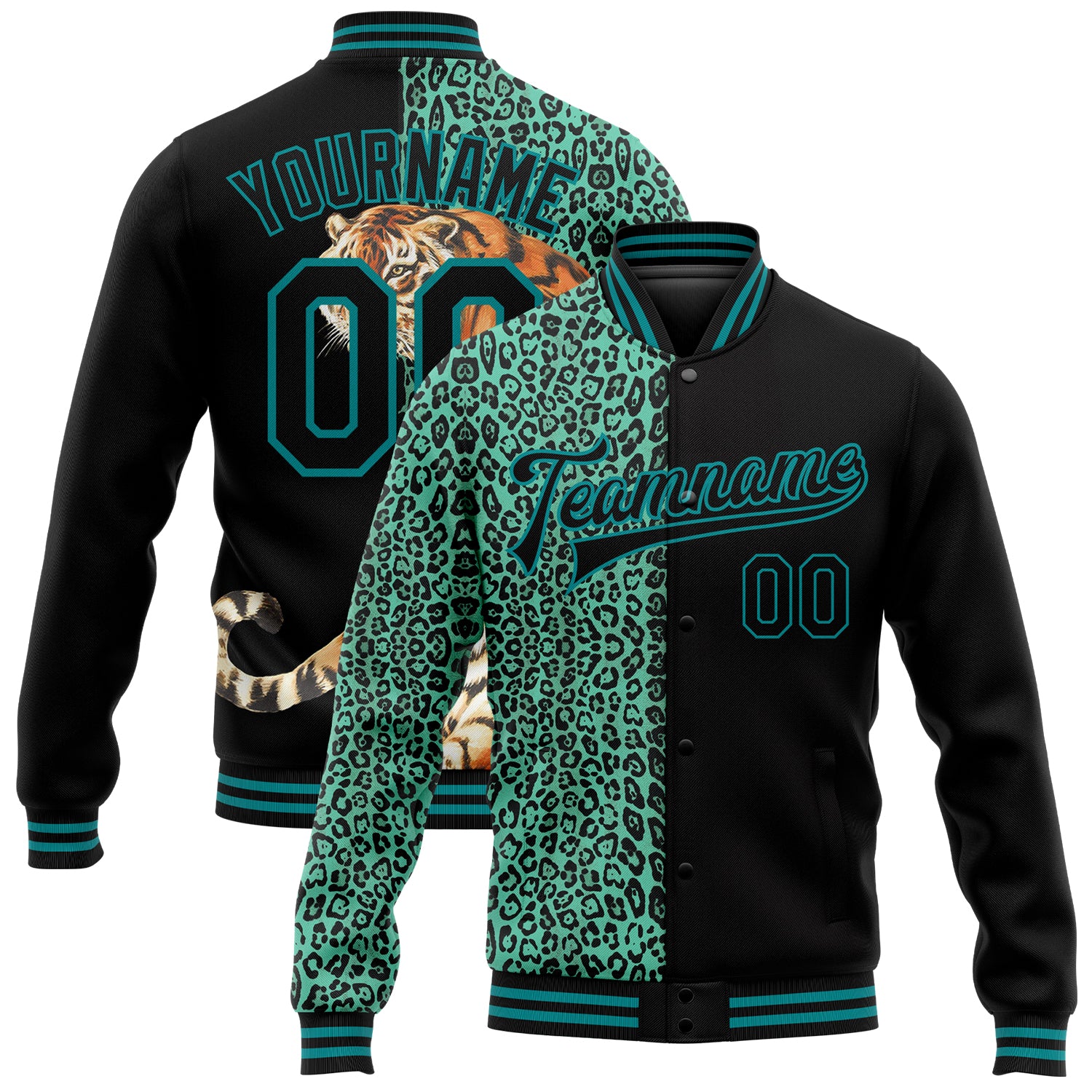 Personalized Tiger Leopard Print 3D Bomber Varsity Letterman Jacket - Black Teal Full-Snap Style Personalized Black Teal