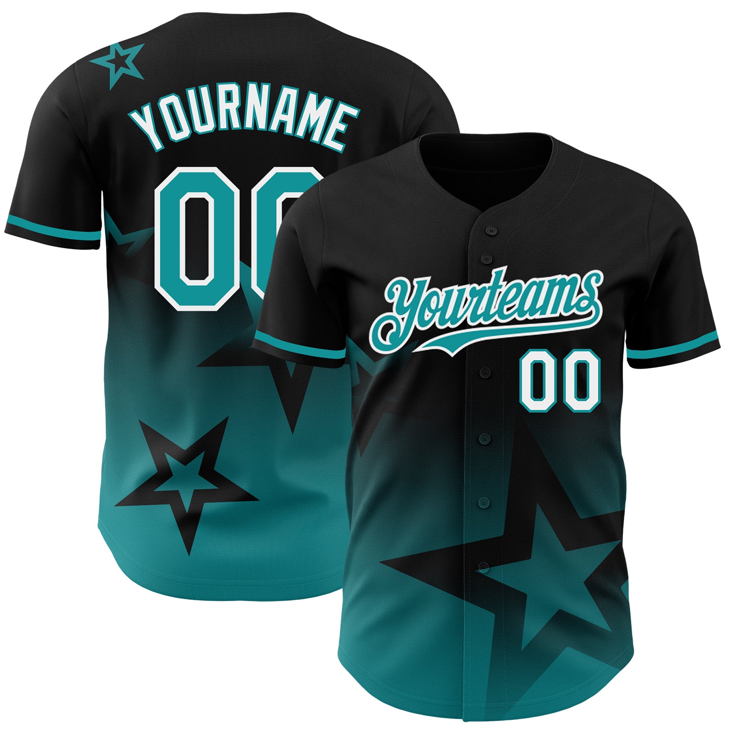 Personalized 3D Gradient Twinkle Star Baseball Jersey - Black Teal White Personalized Black Teal-White 3D Gradient Style