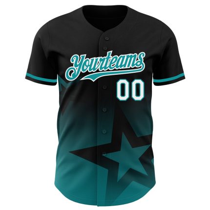 Personalized 3D Gradient Twinkle Star Baseball Jersey - Black Teal White Personalized Black Teal-White 3D Gradient Style