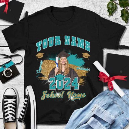 Personalized Graduation T-Shirt Black Teal White 3D Design Custom Apparel Personalized Black Teal-White 3D Graduation Performance