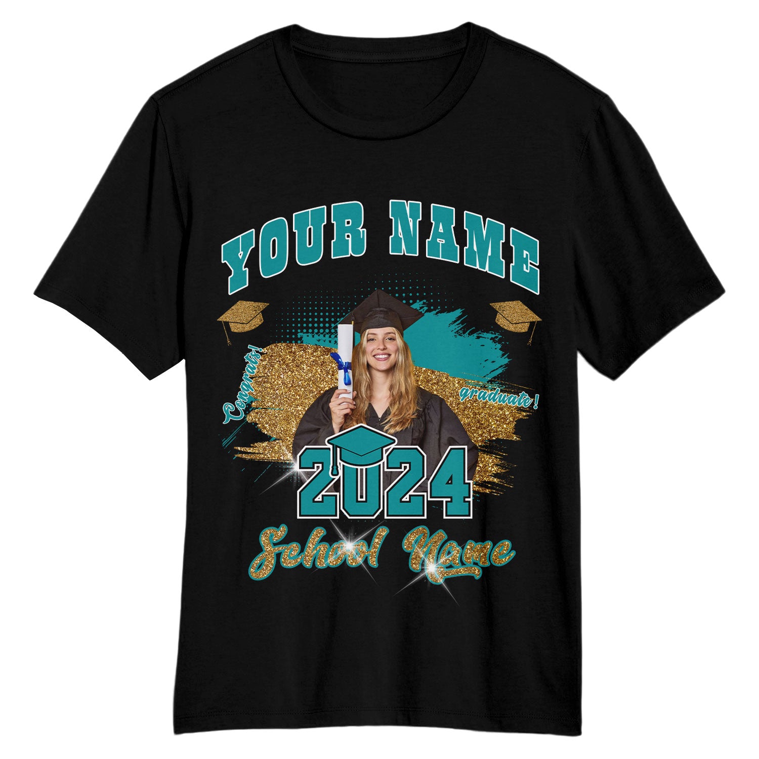 Personalized Graduation T-Shirt Black Teal White 3D Design Custom Apparel Personalized Black Teal-White 3D Graduation Performance