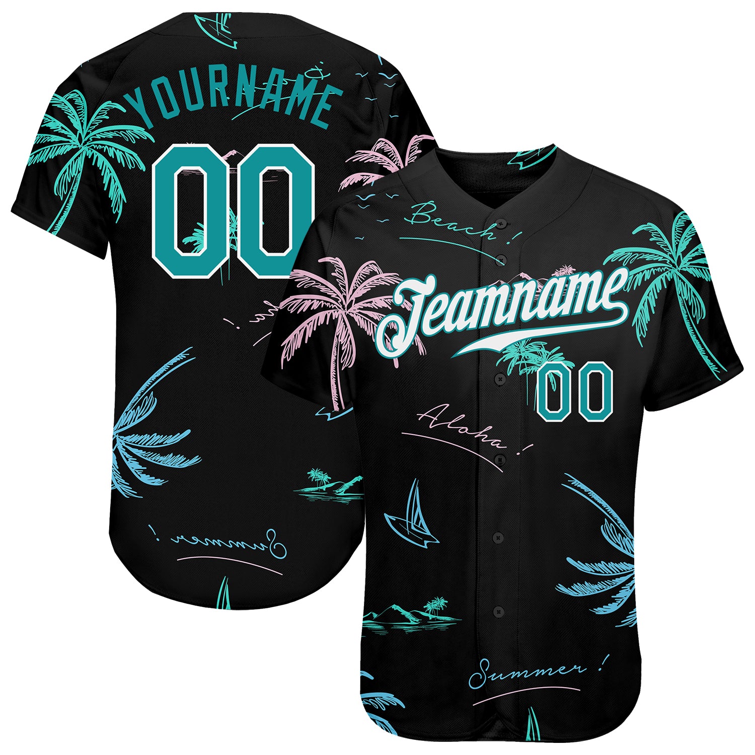 Personalized 3D Hawaii Palm Trees Baseball Jersey in Black Teal-White Personalized Black Teal-White 3D Hawaii Palm Trees