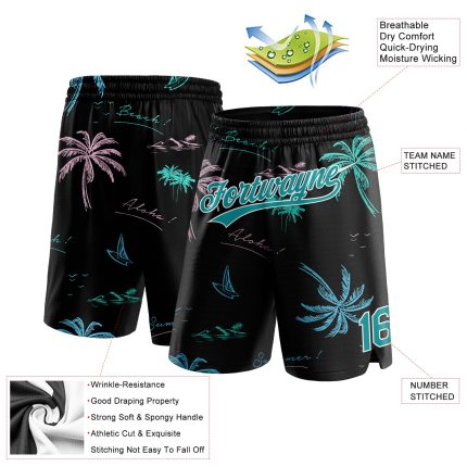 Personalized 3D Hawaii Palm Trees Basketball Shorts - Black Teal White Personalized Black Teal-White 3D Hawaii Palm Trees