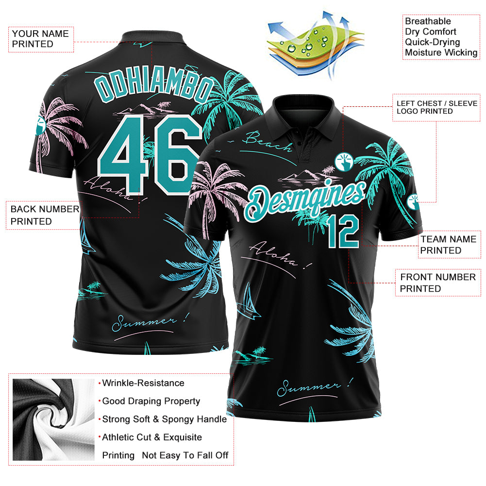 Personalized 3D Hawaii Palm Trees Golf Polo Shirt in Black Teal-White Performance Fabric Personalized Black Teal-White 3D - Image 3