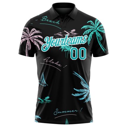Personalized 3D Hawaii Palm Trees Golf Polo Shirt in Black Teal-White Performance Fabric Personalized Black Teal-White 3D