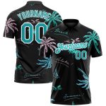 Personalized 3D Hawaii Palm Trees Golf Polo Shirt in Black Teal-White Performance Fabric Personalized Black Teal-White 3D