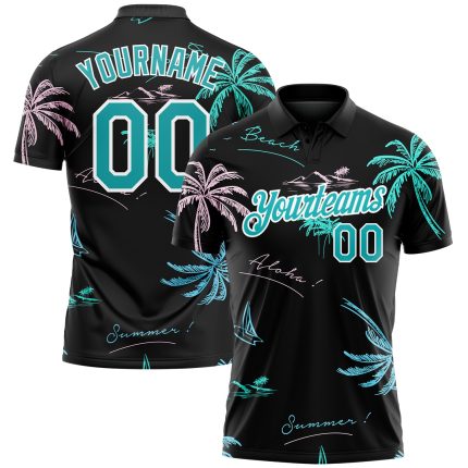 Personalized 3D Hawaii Palm Trees Golf Polo Shirt in Black Teal-White Performance Fabric Personalized Black Teal-White 3D