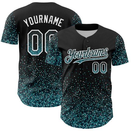 Customizable 3D Pattern Black Teal-White Baseball Jersey with Glittering Dots, Personalized Name and Number Personalized