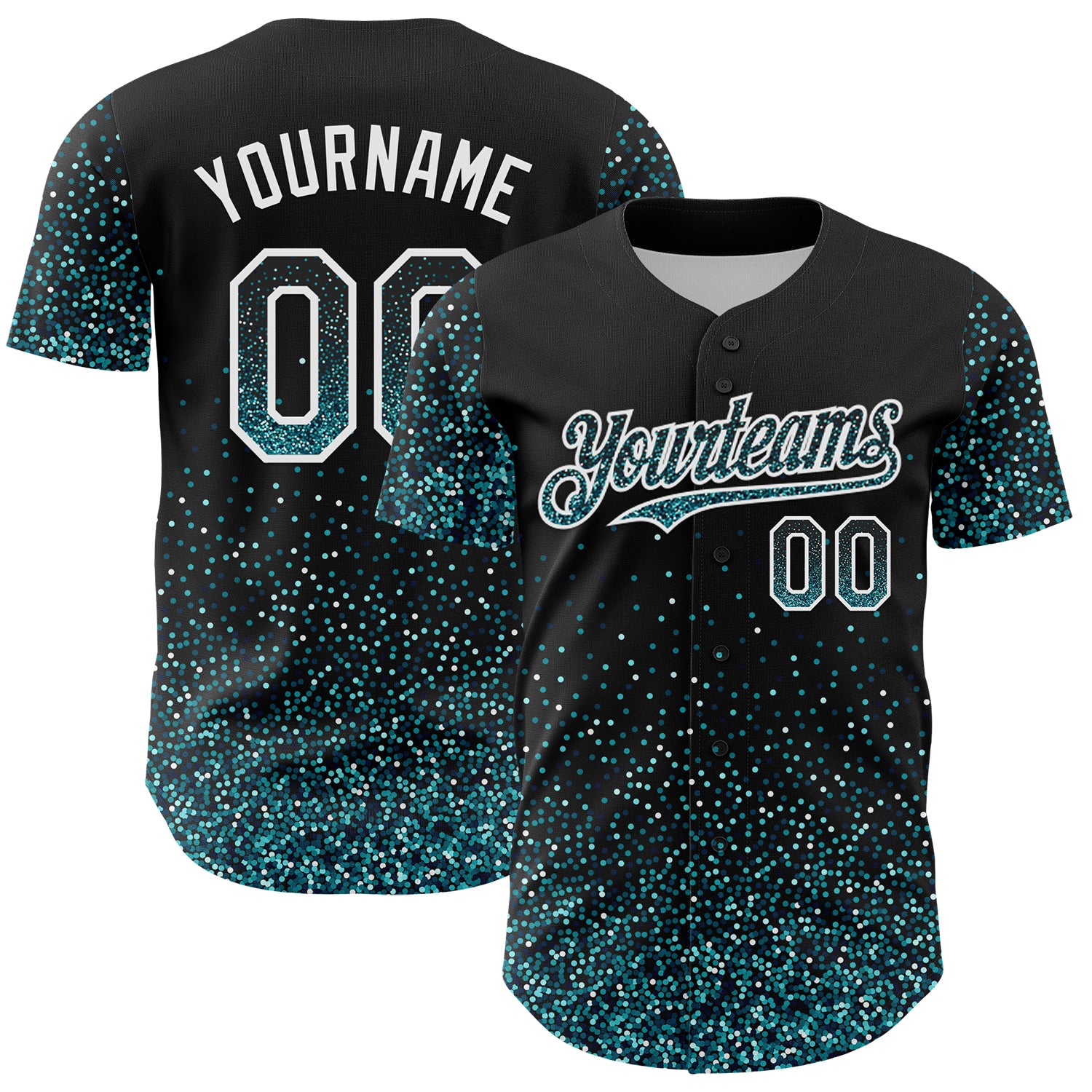 Customizable 3D Pattern Black Teal-White Baseball Jersey with Glittering Dots, Personalized Name and Number Personalized