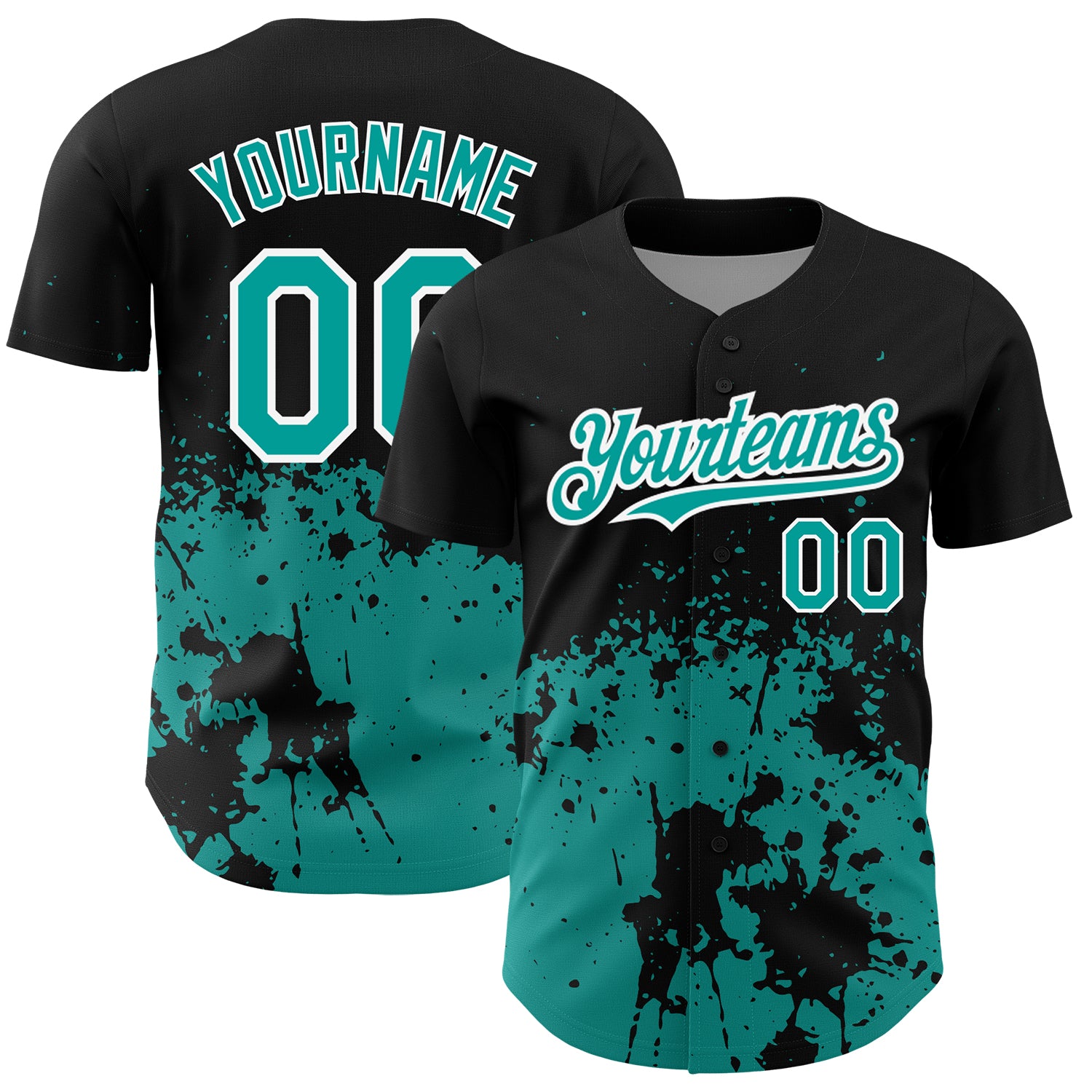 Custom Name Number Baseball Jersey, Personalized 3D Abstract Splash Grunge Art in Black Teal-White Design Personalized Black