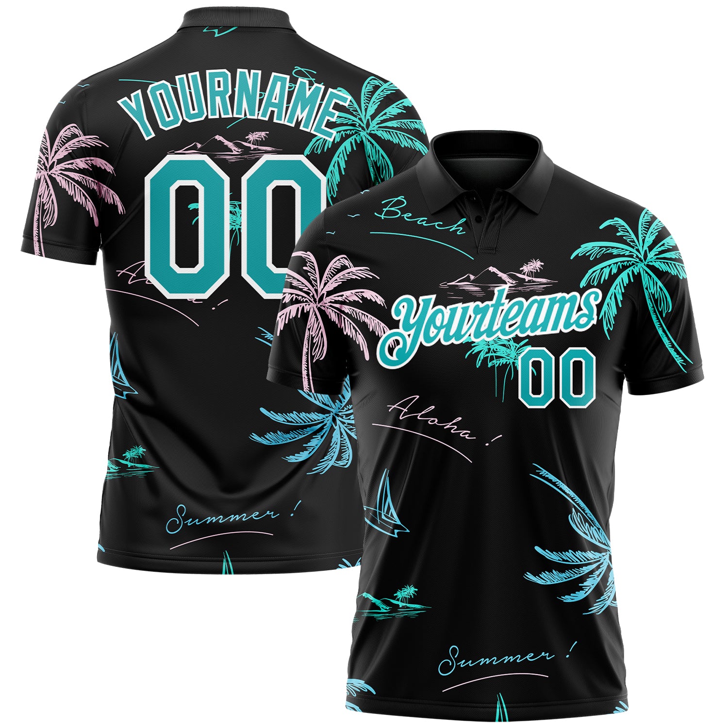Custom Performance Golf Polo Shirt with 3D Hawaii Palm Trees Design, Personalized Black and Teal, Team Name and Number Personalized