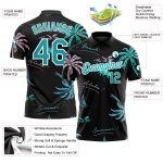Custom Performance Golf Polo Shirt with 3D Hawaii Palm Trees Design, Personalized Black and Teal, Team Name and Number Personalized