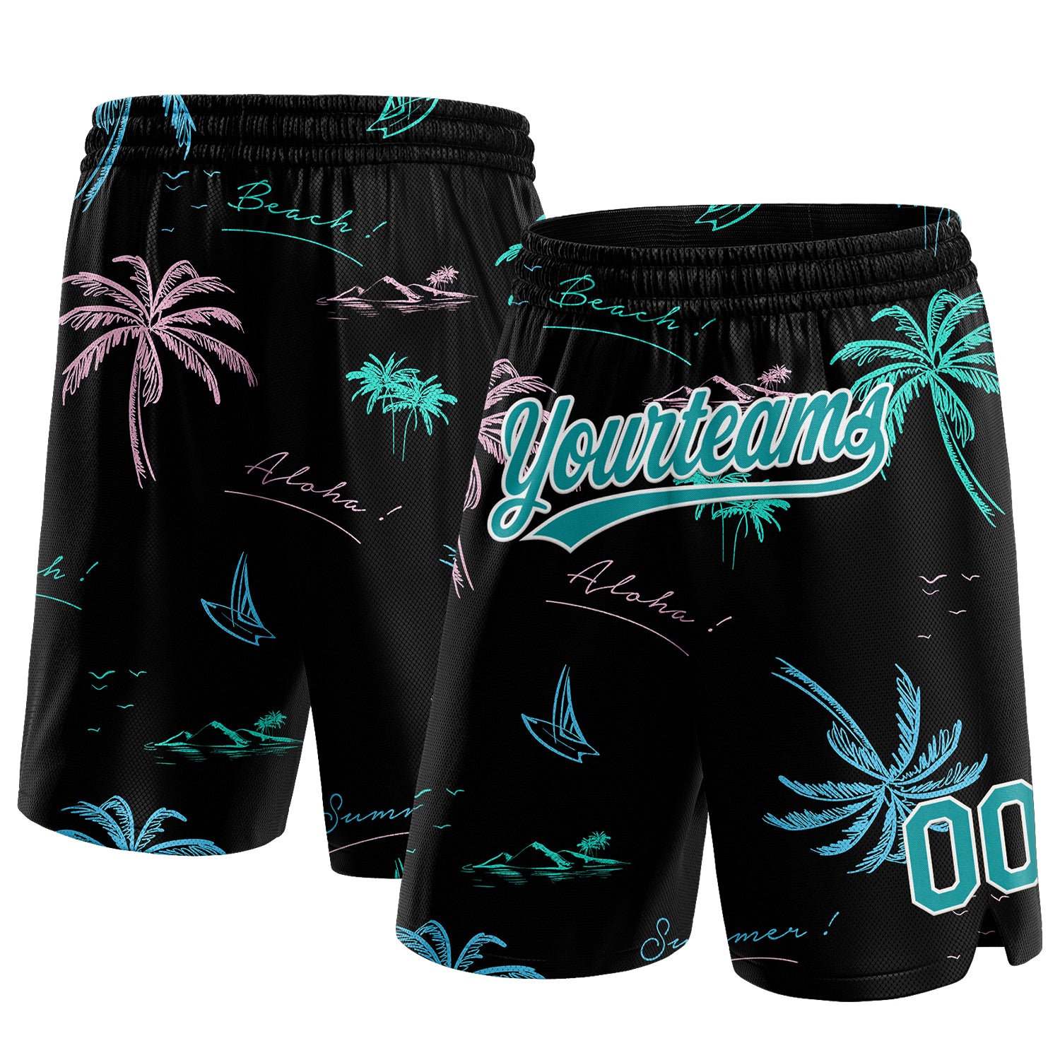 Personalized Basketball Shorts with 3D Palm Trees Design, Custom Name and Number - Black Teal-White Team Apparel Personalized