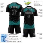 Custom Abstract Fragment Soccer Jersey with Personalized Name and Number - Black Teal-White Design Personalized Black Teal-White