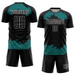 Custom Abstract Fragment Soccer Jersey with Personalized Name and Number - Black Teal-White Design Personalized Black Teal-White
