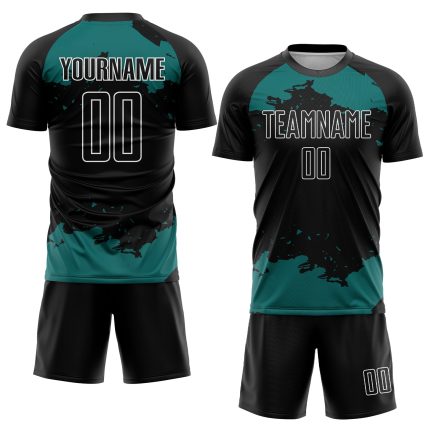 Custom Abstract Fragment Soccer Jersey with Personalized Name and Number - Black Teal-White Design Personalized Black Teal-White
