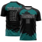 Custom Abstract Fragment Soccer Jersey with Personalized Name and Number - Black Teal-White Design Personalized Black Teal-White