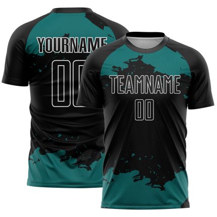 Custom Abstract Fragment Soccer Jersey with Personalized Name and Number - Black Teal-White Design Personalized Black Teal-White