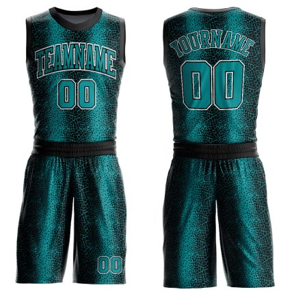 Personalized Animal Fur Print Basketball Jersey Round Neck Sublimation Black Teal-White Suit Personalized Black Teal-White