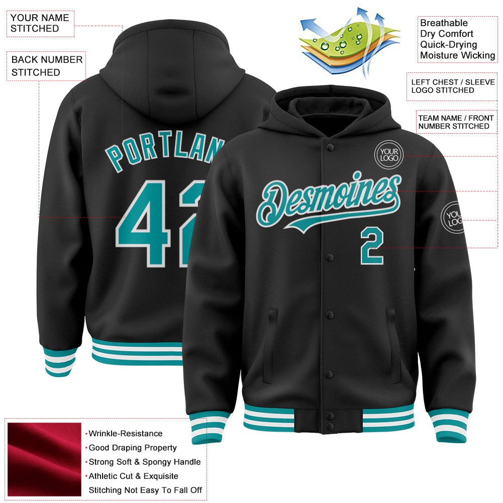 Personalized Black Teal-White Bomber Full-Snap Varsity Letterman Hoodie Jacket Team Custom Name and Number Custom Name Number Varsity Letterman Hoodie Jacket Personalized Black Teal White Bomber Full-Snap Design Personalized Black - Image 3