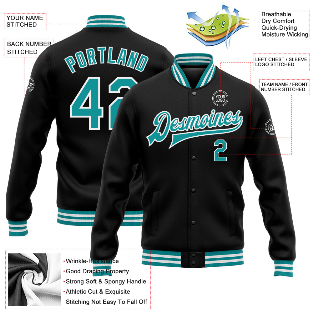 Personalized Bomber Jacket Black Teal White Full-Snap Varsity Letterman Personalized Black Teal-White Bomber Full-Snap Varsity - Image 5