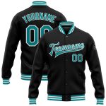Personalized Bomber Jacket Black Teal White Full-Snap Varsity Letterman Personalized Black Teal-White Bomber Full-Snap Varsity