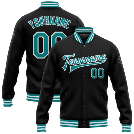 Personalized Bomber Jacket Black Teal White Full-Snap Varsity Letterman Personalized Black Teal-White Bomber Full-Snap Varsity