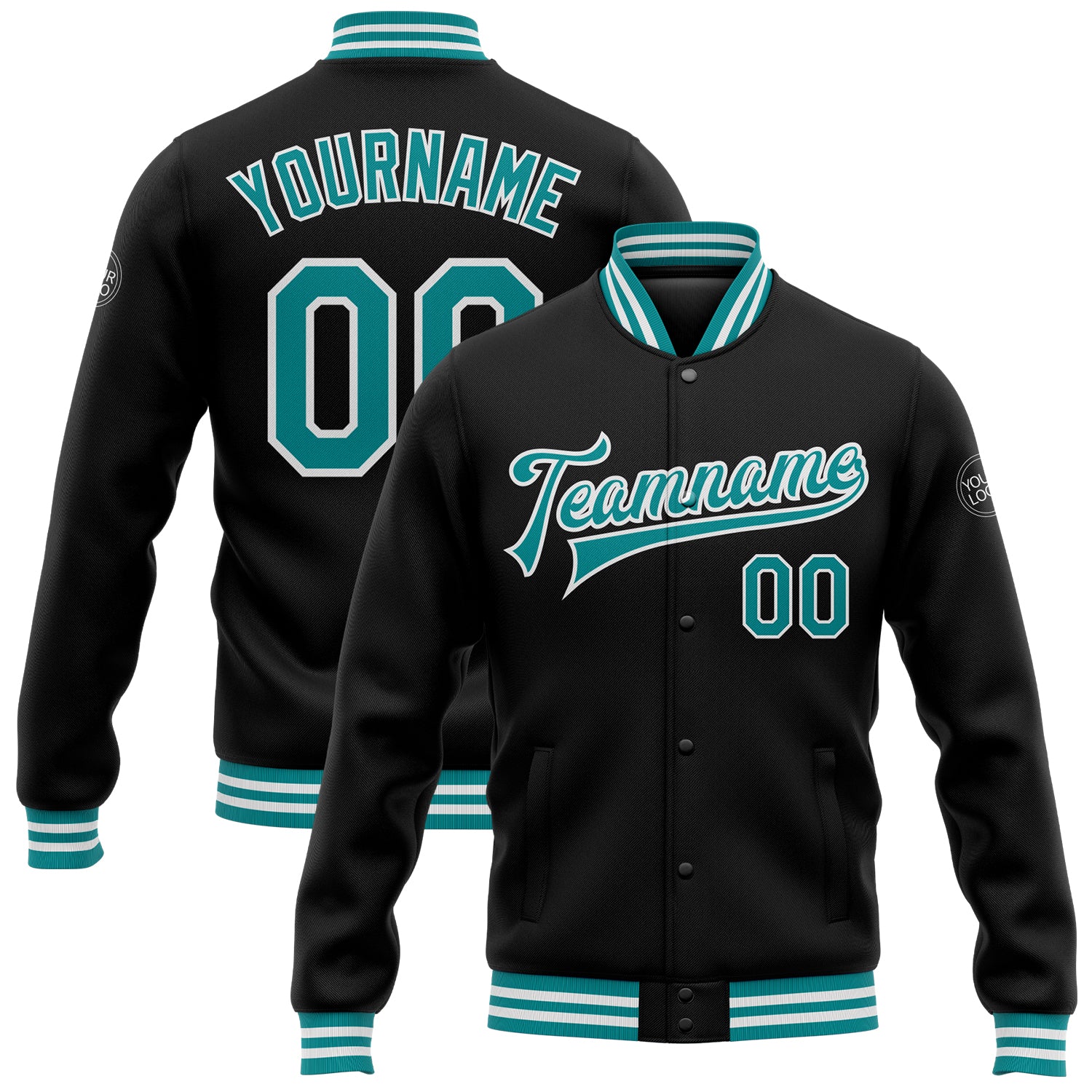 Custom Name Number Varsity Letterman Jacket Black Teal White Bomber Full-Snap Personalized Black Teal-White Bomber Full-Snap