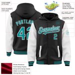 Custom Name and Number Two-Tone Bomber Hoodie Jacket - Personalized Black Teal White Varsity Letterman Full-Snap Personalized