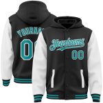 Custom Name and Number Two-Tone Bomber Hoodie Jacket - Personalized Black Teal White Varsity Letterman Full-Snap Personalized