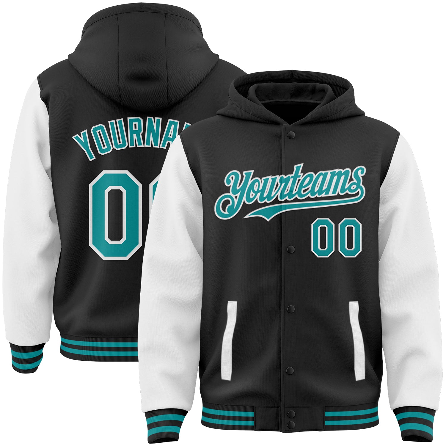 Custom Name and Number Two-Tone Bomber Hoodie Jacket - Personalized Black Teal White Varsity Letterman Full-Snap Personalized