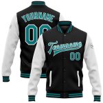 Personalized Varsity Letterman Bomber Jacket Black Teal White Full-Snap Two Tone Personalized Black Teal-White Bomber Full-Snap