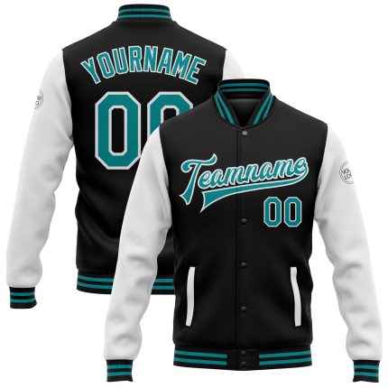 Personalized Varsity Letterman Bomber Jacket Black Teal White Full-Snap Two Tone Personalized Black Teal-White Bomber Full-Snap