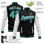 Personalized Varsity Letterman Bomber Jacket Black Teal White Full-Snap Two Tone Personalized Black Teal-White Bomber Full-Snap