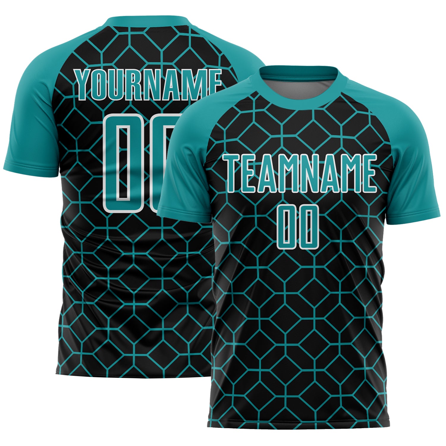 Custom Soccer Jersey with Personalized Name & Number - Black Teal-White Geometric Shapes Design Personalized Black Teal-White