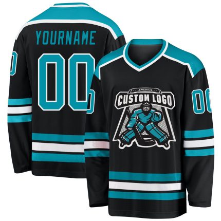 Custom Hockey Jersey in Black, Teal, and White - Personalized Sports Apparel Personalized Black Teal-White Hockey Jersey