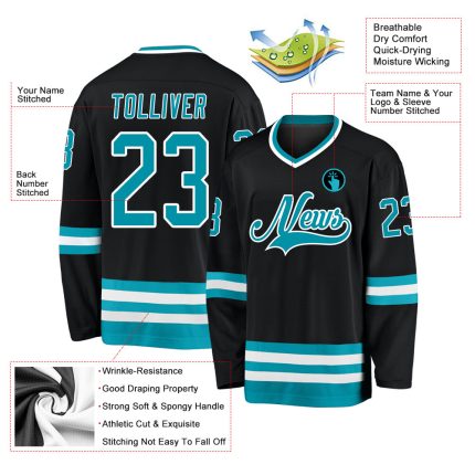 Custom Hockey Jersey - Personalized Black Teal White Team Gear for Men and Women Personalized Black Teal-White Hockey Jersey