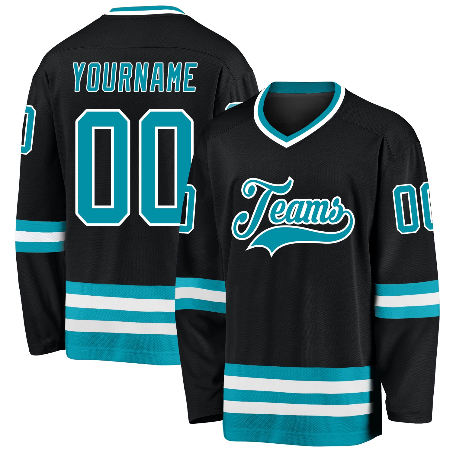Custom Team Hockey Jersey with Personalized Name & Number - Black Teal-White Personalized Black Teal-White Hockey Jersey